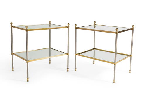 Pair of Marcello Mioni brass and glass side table: A pair of Marcello Mioni brass and glass two tier side tables mid 20th century height 27 1/4 (69cm); width 25 1/4in (64cm); depth 19 1/2in (49.5cm) Provenance: Property of a Beverly Hills Collector.