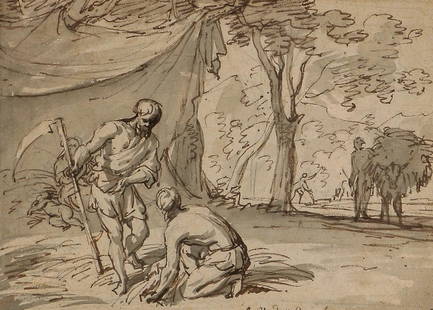 Adriaen Van de Velde, figures wash drawing: Attributed to Adriaen Van de Velde (Dutch 1636-1672) Figures in a landscape wash drawing signed lower right A. Van de Velde in f with star to right corner sight 5 1/4 x 7 1/4in (13.3 x 18.5cm)