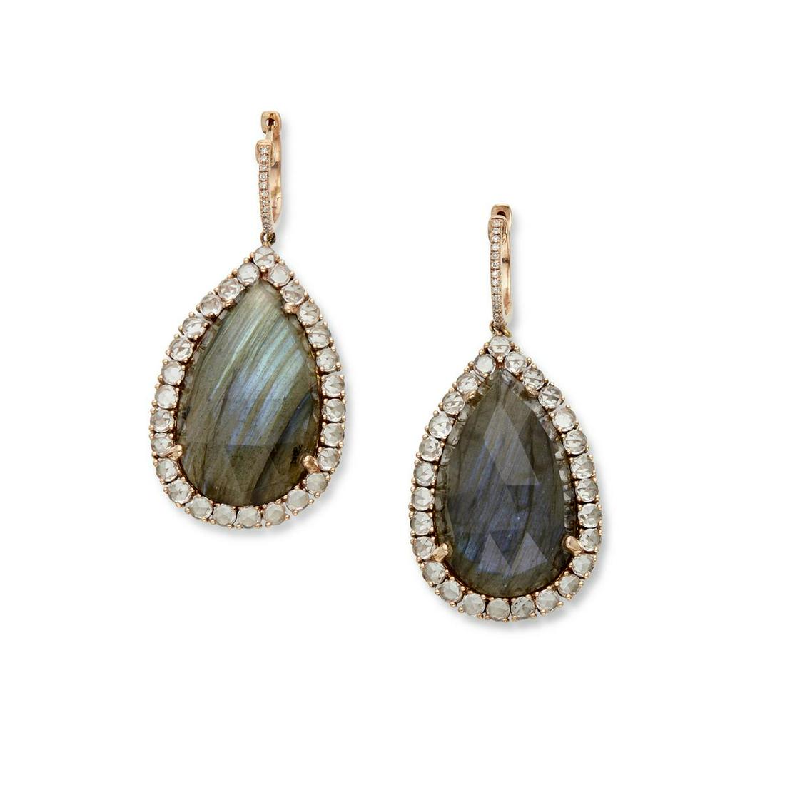 A pair of labradorite, diamond & gold ear pendants: A pair of labradorite, diamond, stone and rose gold ear pendantsFeaturing two faceted cabochon pear-shape labradorite, 24.5 x 12.5 x 5.2-6.3mm, surrounded by fifty-four colorless rose cut stones, susp
