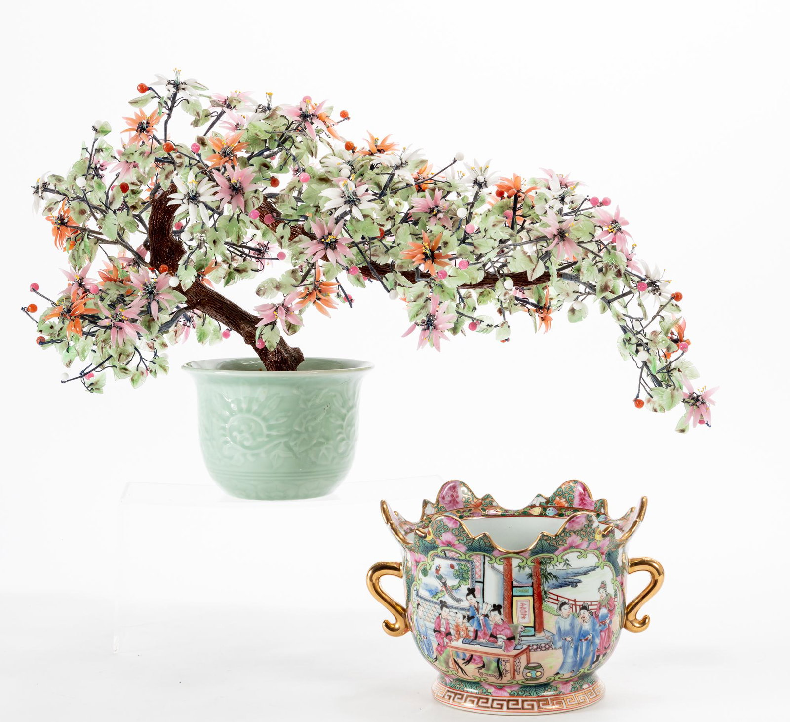 A Chinese jade and glass bonsai tree: A Chinese jade and glass bonsai tree modern Together with a Chinese porcelain jardiniÃ¨re. (2) height 17 1/2in (44.5cm); width 26in (66cm); depth 11 1/2in (29cm) Provenance: Property from the Estate