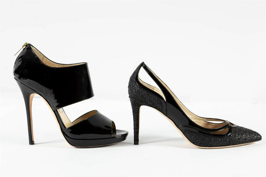 Jimmy Choo: 2 pairs of black patent leather heels: Jimmy Choo: two pairs of black patent leather heels A pair of stilletto sandals with platform and concealed zip closure (37 1/2) and a pair of pointed toe pumps (38).