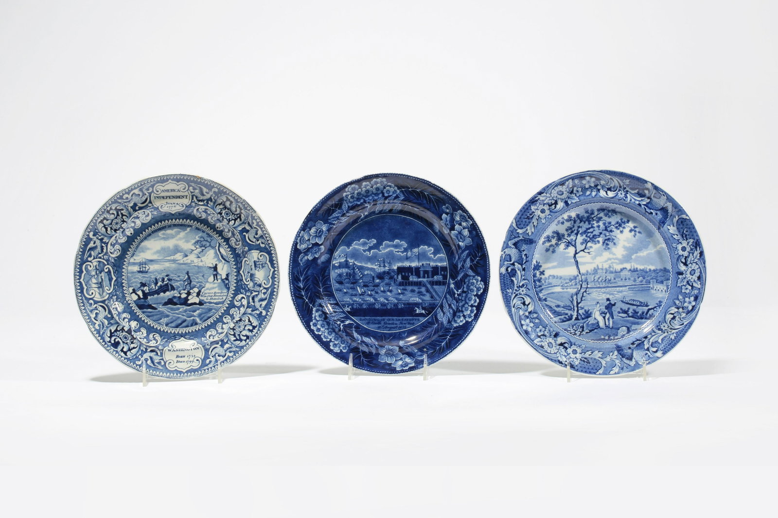 Three Staffordshire historical decorated plates: Three Staffordshire historical blue transfer decorated earthenware plates first half 19th century Comprising "Landing of Lafayette", "Fair Mount near Philadelphia" and "Landin