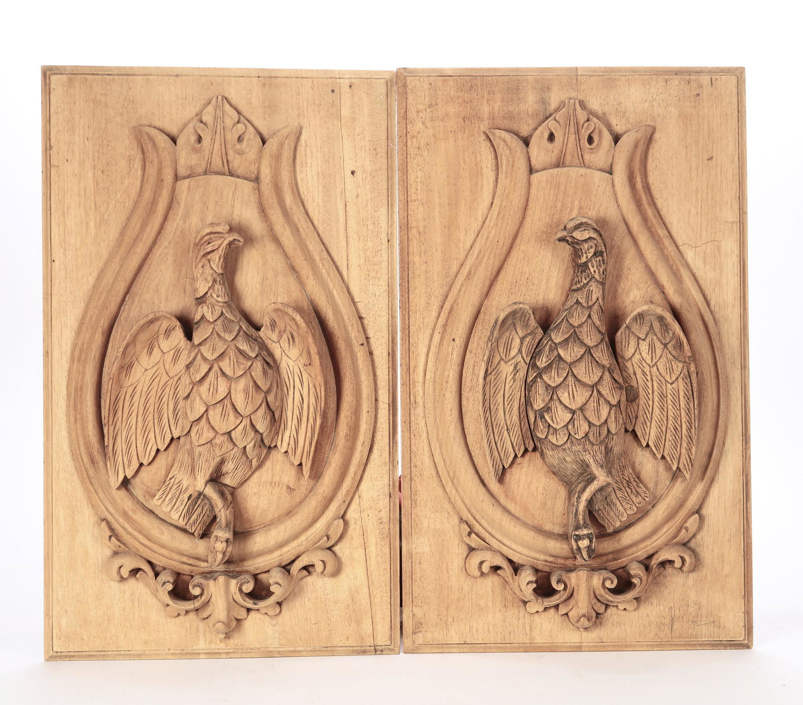A pair of beechwood hunting trophy relief panels: A pair of beechwood hunting trophy relief panels 20th century height 25 1/2in (65cm); width 15 1/4 (39cm) Provenance: Property from a Private Washington D.C. and Connecticut Collector.