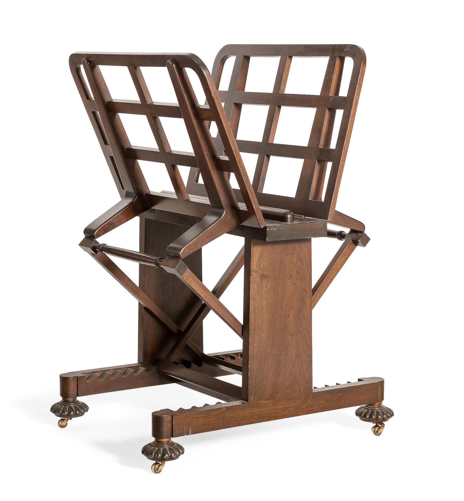 A bespoke Frank Pollaro mahogany folio stand: A bespoke Frank Pollaro mahogany adjustable folio stand post 1950 height open 35 1/2in (90cm); height closed 47in (119.5cm); width open 46 1/4in (117.5cm); width closed 34in (86.5cm); depth 27in (68.5