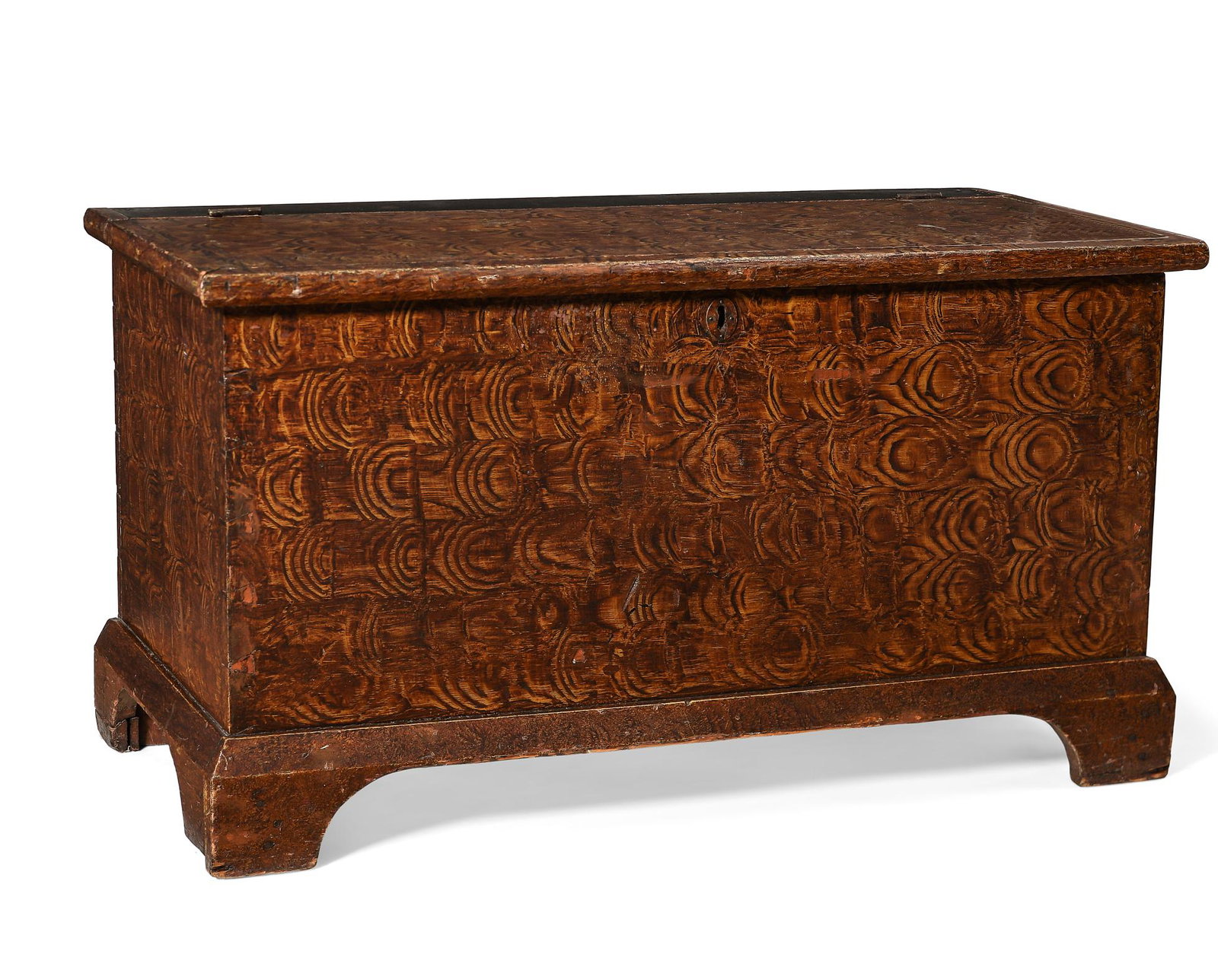 An American painted blanket chest: An American sponge decorated painted pine and poplar blanket chest Pennsylvania first half 19th century height 21in (53.5cm); width 38 1/4in (97cm); depth 19in (48.5cm)