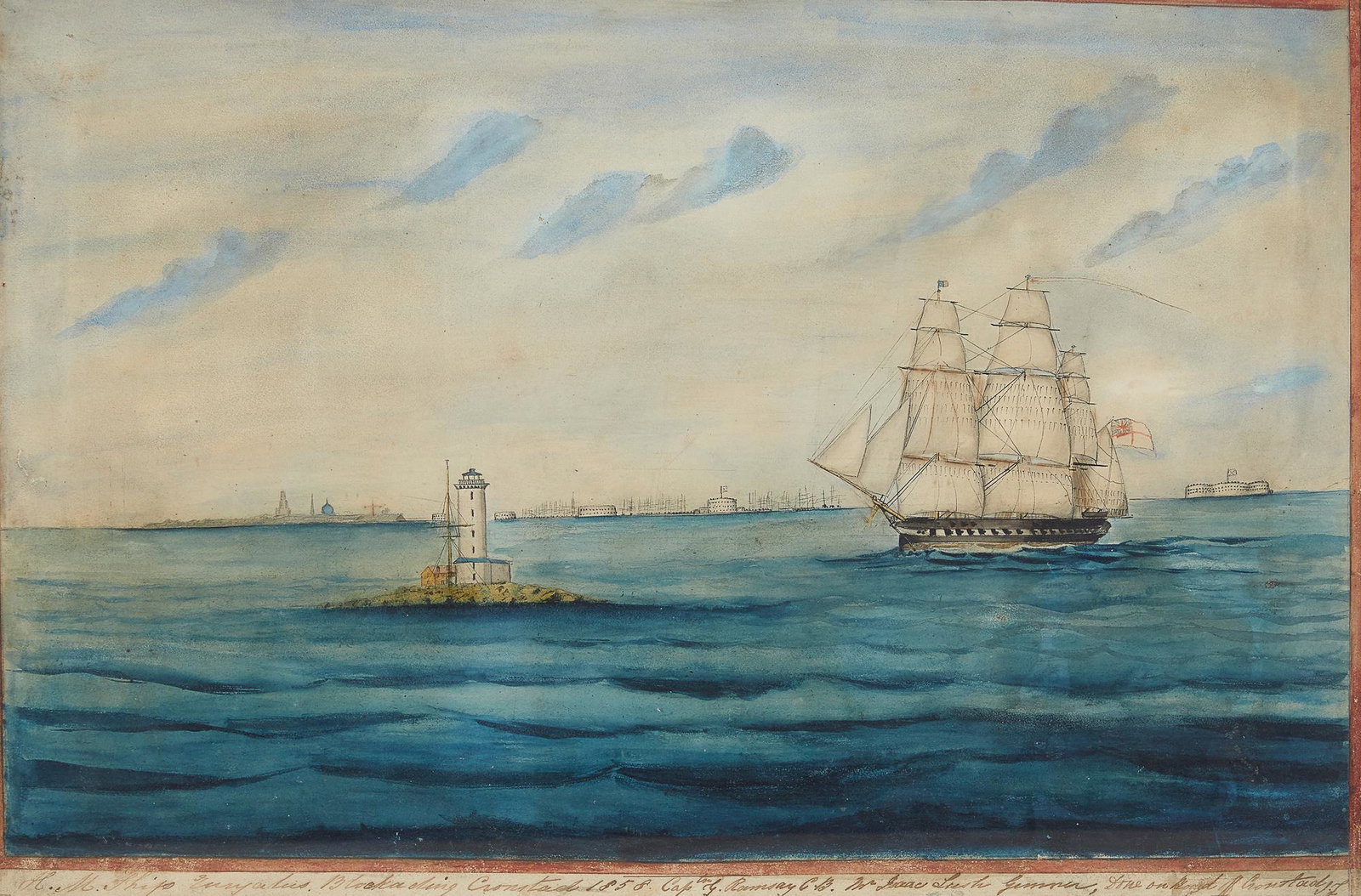 Isaac Lush, Euryalus blockading Cronstad 1858: Isaac Lush (British, fl. 1858) H.M. Ship Euryalus blockading Cronstad 1858 pen and ink and watercolor on paper signed with initials I.L. and inscribed H.M. Ship Euryalus Blockading Cronstad 1858 Capt 