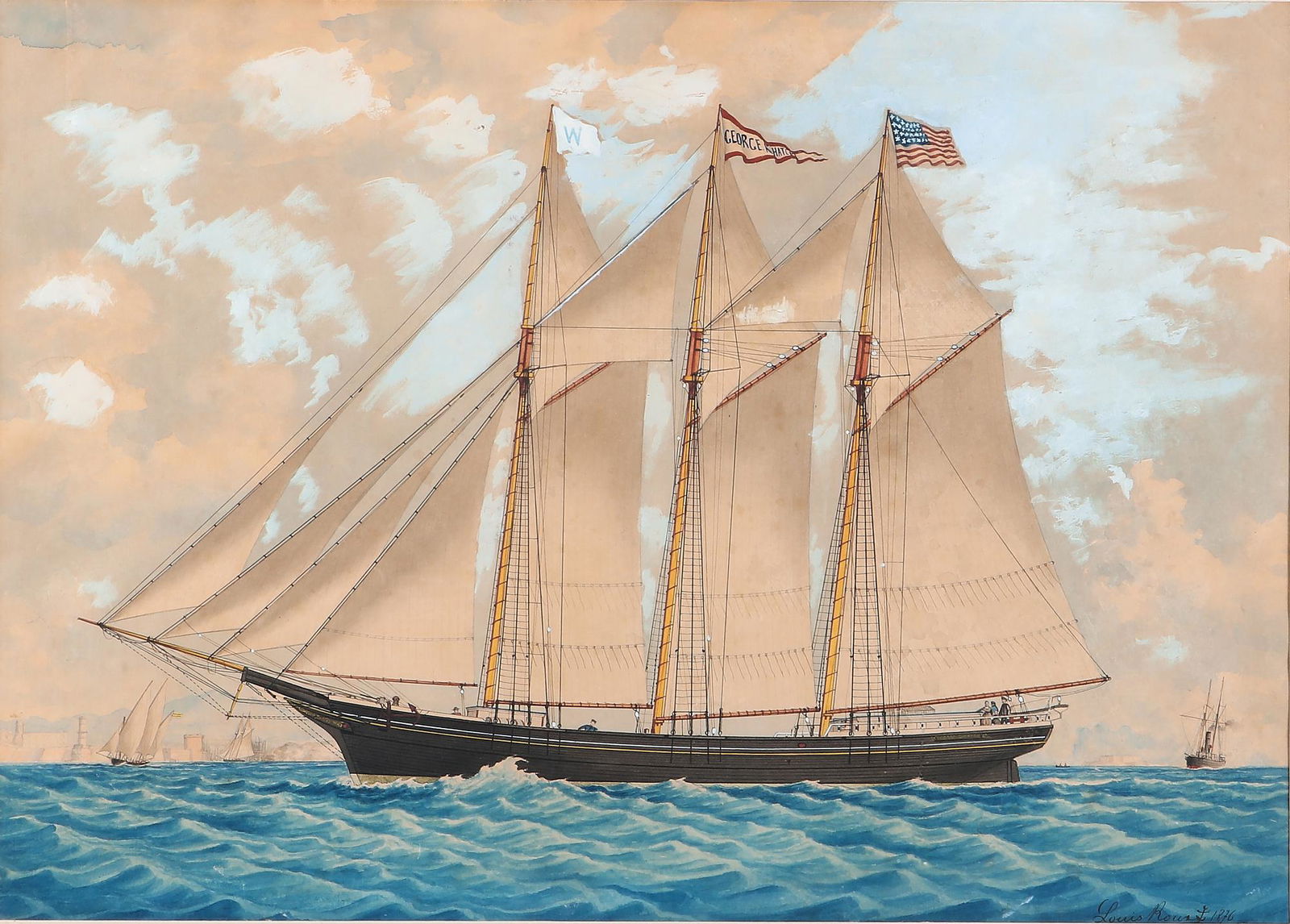American School, George K. Hatch, schooner, 1876: American School(19th century)George K. Hatch, three mast schooner, 1876watercolor on papersigned Louis Roust and dated lower rightsight 17 x 24in (43 x 61cm); frame 25 1/4 x 31 1/2in (64 x 80cm)</