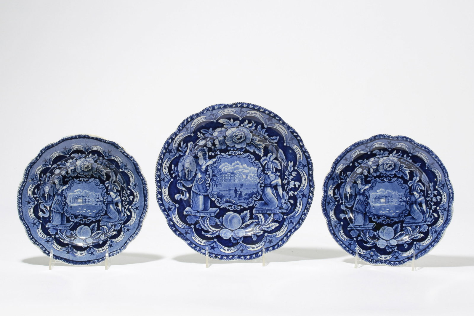 Three Staffordshire historical States plates: Three Staffordshire historical blue transfer decorated earthenware States plates of graduated sizes first half 19th century James and Ralph Clews, Cobridge, England, each with an impressed Clews mark 