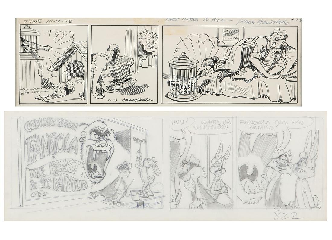 Two comic strips Armstrong Napoleon & Bugs Bunny: Two comic strip panels Roger Armstrong Napoleon and Ralph Heimdahl Bugs Bunny Napoleon strip printed Thurs 10-9-58 with handwritten dedication from the artist, Bugs Bunny hand drawn strip #822, with c