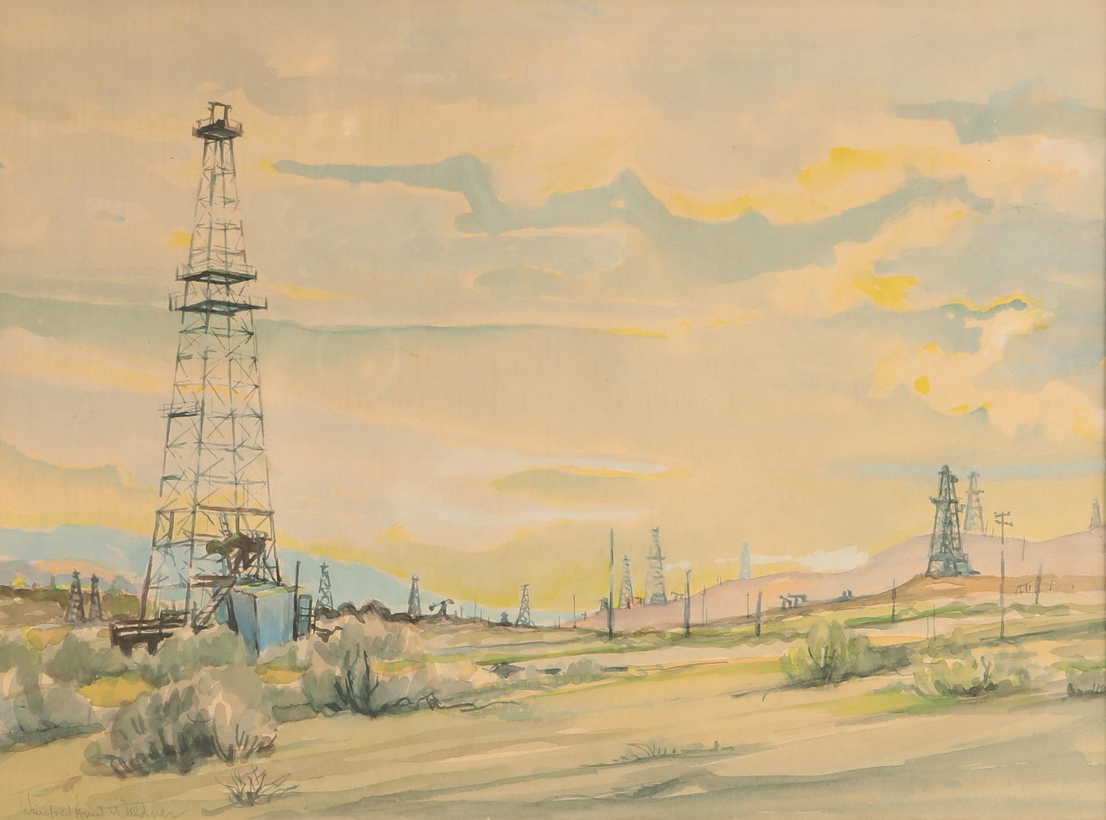 Winifred Hunt-Waldner, oil fields at sunset: Winifred Hunt-Waldner (American/California, active early 20th century) oil fields at sunset watercolor on paper signed in pencil lower left, Winifred Hunt Waldner sight 9 x 12 1/4in (23 x 31cm); frame