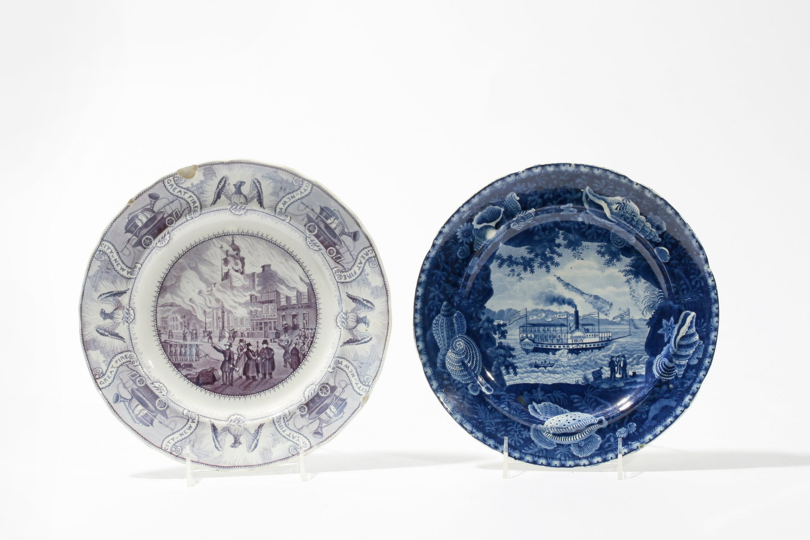 Two Staffordshire historical decorated plates: Two Staffordshire historical blue transfer decorated earthenware plates first half 19th century Comprising "Great Fire of City of New York" and "Chief Justice Marshall Troy Line". 