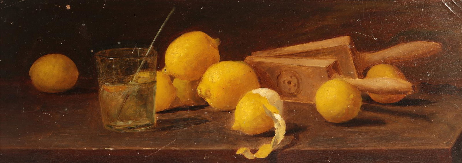 American School, Still life with lemons: American School (19th century) Still life with lemons and squeezer oil on panel unsigned 9 x 24 1/2in (23 x 62.5cm); frame 11 3/4 x 27 1/4in (30 x 69cm) Provenance: Property from a