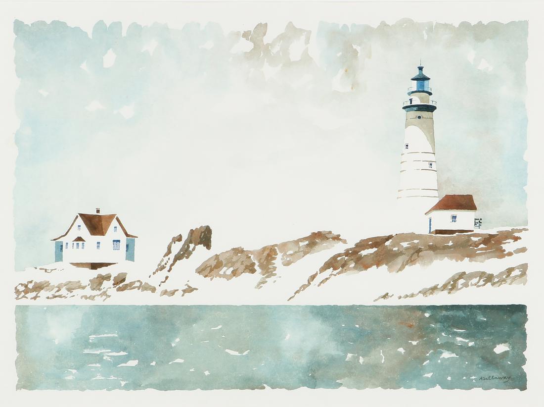 Ronald Kullaway, Rocky shore with lighthouse: Ronald Kullaway (American,, b. 1933) Rocky shore with lighthouse watercolor on paper signed lower right KULLAWAY 21 1/2 x 29 1/4in (55 x 74.5cm) Provenance: Property from a Priva