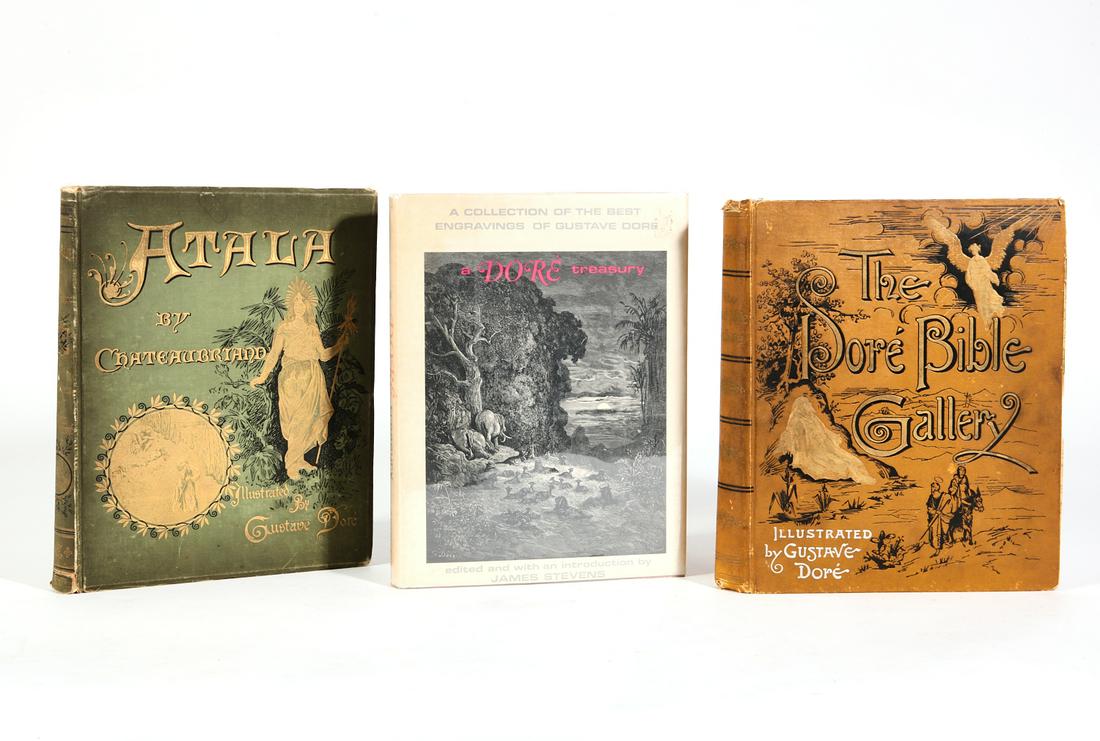 Three Gustave Dore Illustrated Books: A Group of Three Gustave Dore Illustrated Books.Lot includes: 1. Atala, Chateaubriand, François-Rene de, ; Gustave Dore,(illustrator); James Spence Harry, (translator). New York, London, & Paris: Cas