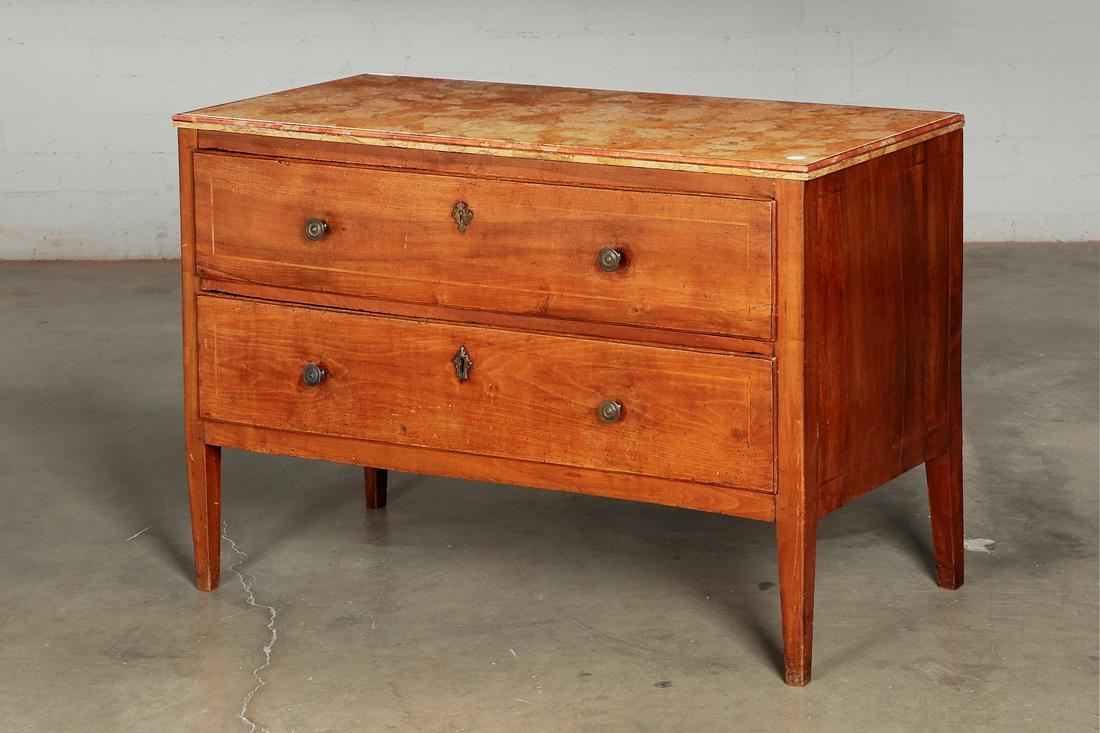 An Italian Neoclassical inlaid walnut commode: An Italian Neoclassical inlaid walnut commodeearly 19th centurySurmounted by a marble top.height 30in (76cm); width 44 1/2in (113cm); depth 20 1/2in (51cm) Provenance: Property from a Private Washing