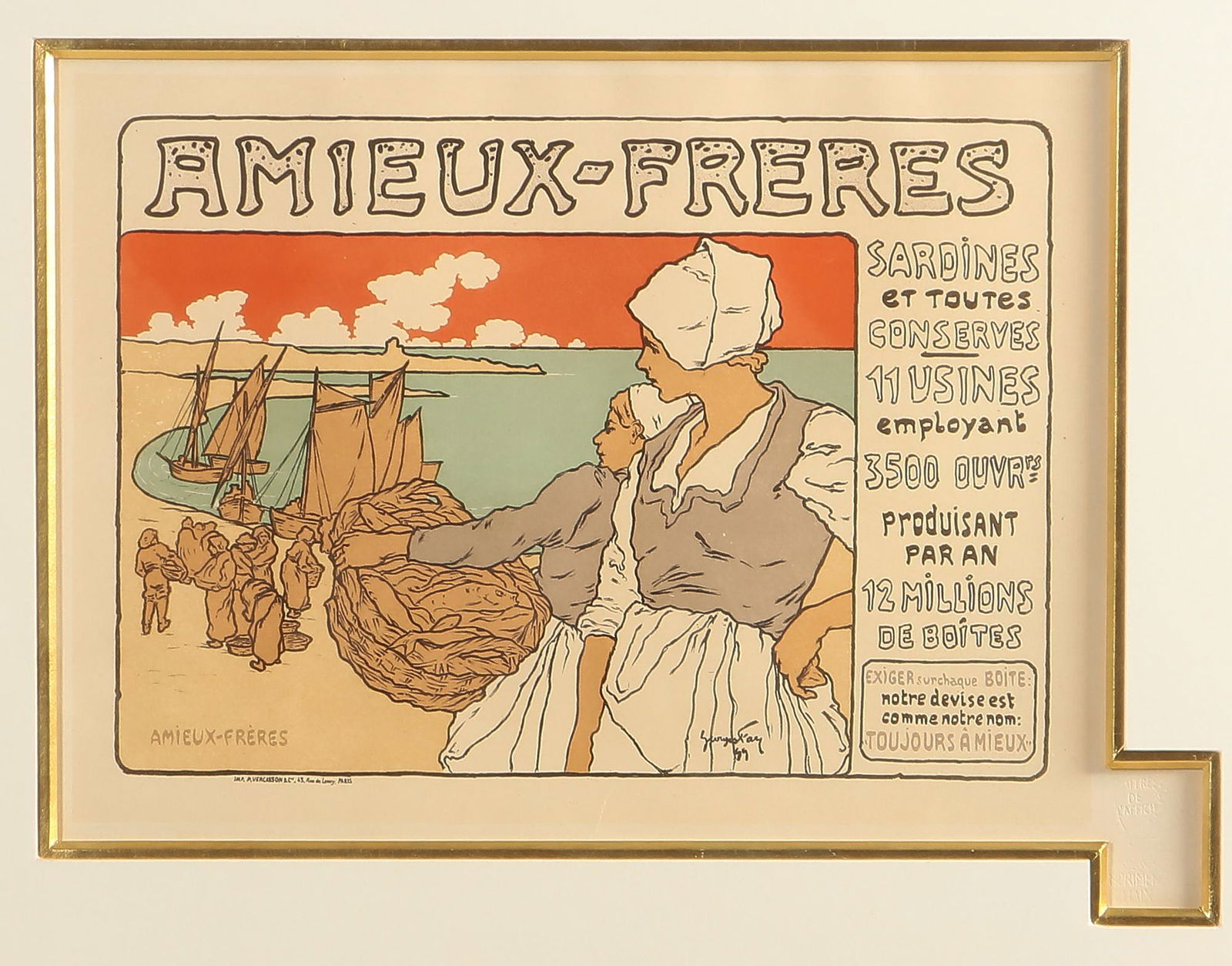 Georges Fay, Amieux-Freres Sardines, litho: Georges FayFrench, 1871-1916Amieux-Freres Sardines (MDL #183), 1899lithograph in four colorsPrinted by the Chaix Imprimerie in Paris, 1899, with Les Maitres de laffiche blindstamp9 1/2 x 12 3/4in (24