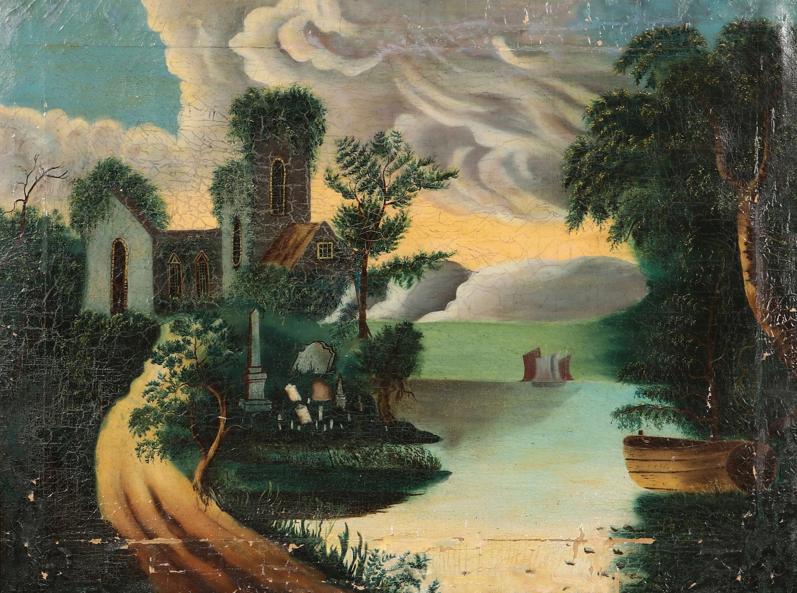 Continental School, Riverscape with church: Continental School (19th century) Riverscape with church oil on canvas 27 1/2 x 37in (70 x 94cm)