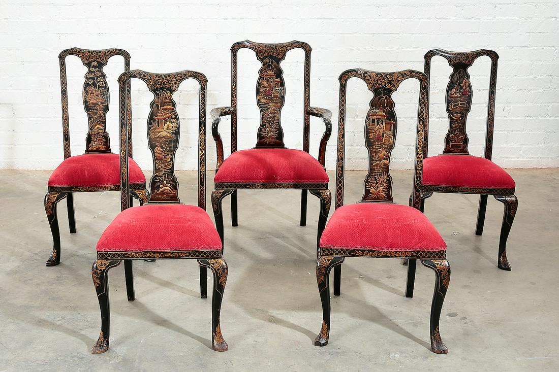 Five George II style Chinoiserie dining chairs: A set of five George II style Chinoiserie decorated black painted dining chairs post 1950 Comprising one armchair and four side chairs. the armchair 40 1/2in (103cm); width 25in (63.5cm); depth of sea