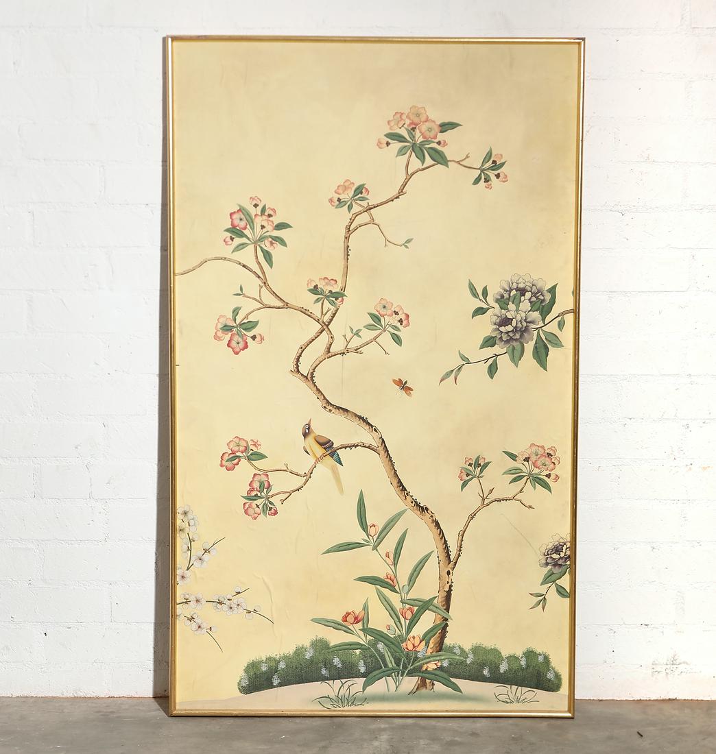 A Chinoiserie wallpaper panel, poss Gracie Studio: A Chinoiserie wallpaper panel possibly Gracie Studio Mounted and framed. overall height 61in (155cm); width 36 1/2in (93cm) Provenance: Property from the Estate of Keith McCoy, Los Angeles, California