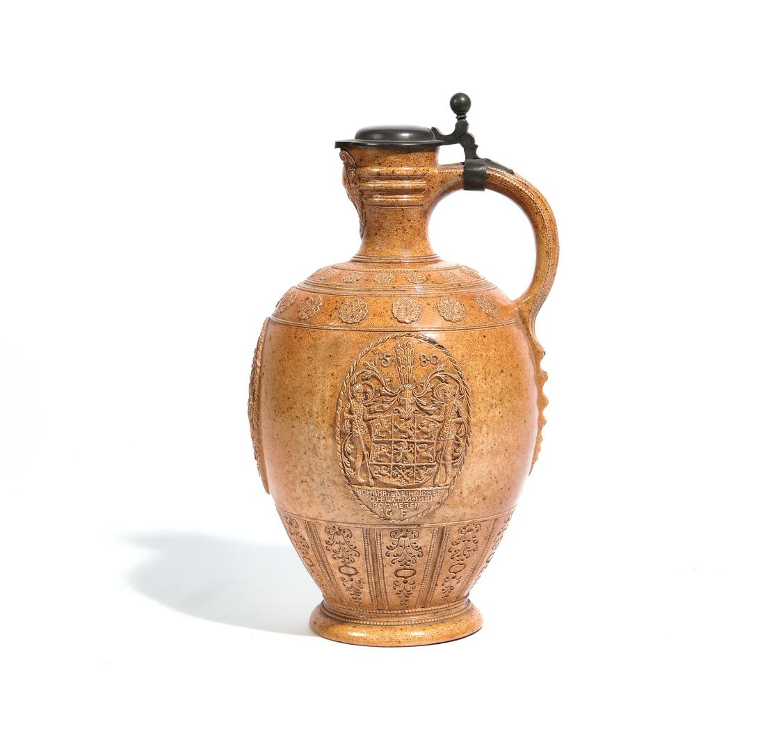A German Baroque style salt glazed ewer: A German Baroque style salt glazed ewer 19th century height 14in (35.5cm); width 7 1/2in (19cm); depth 8in (20.5cm)