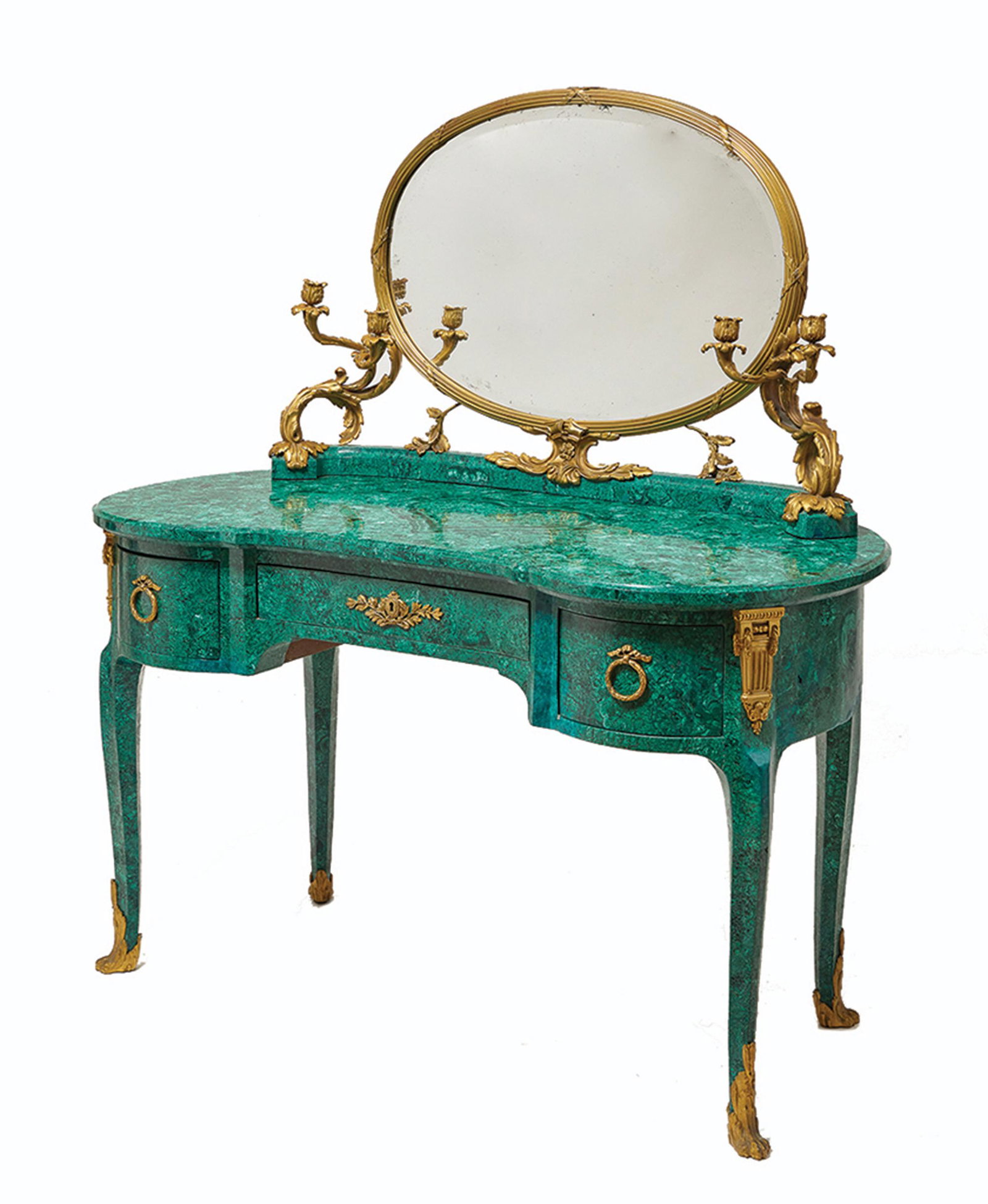 A Louis XV style malachite veneered dressing table: A Louis XV style gilt bronze mounted later malachite veneered dressing table the table circa 1900 height 53 1/2in (136cm); width 46 1/2in (118cm); depth 24in (61cm) Provenance: Property of a Lady, Mon