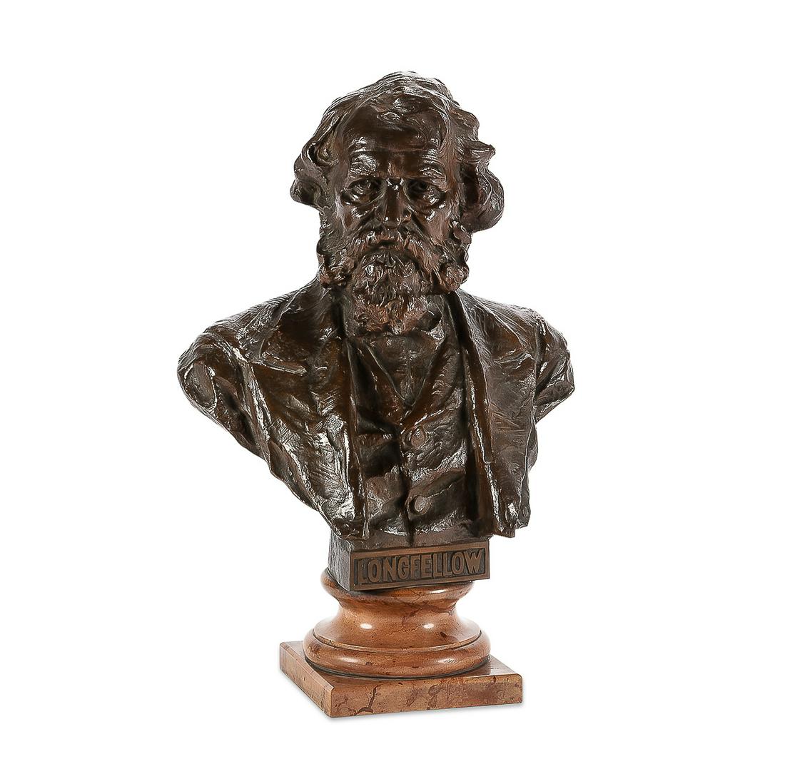 Continental bronze bust of Longfellow after Muller: A Continental patinated bronze bust of Henry Wadsworth Longfellow after the model by Hans MÃ¼ller (Austrian, 1873-1937) circa 1900 Titled to front and incised H. Muller, on a marble socle. height ov
