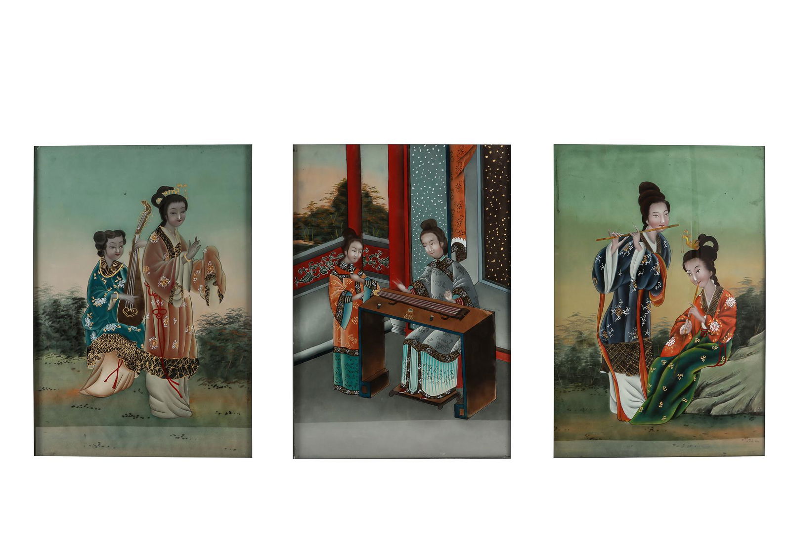Three Chinese export reverse painting on glass: Three Chinese export reverse painting on glass panelssight 19 x 13 1/4in (48.5 x 33.5cm); frame 21 1/2 x 15 1/2in (54.5 x 39.5cm) Provenance:Property of a Beverly Hills Collector.Sold, Stair Galleri