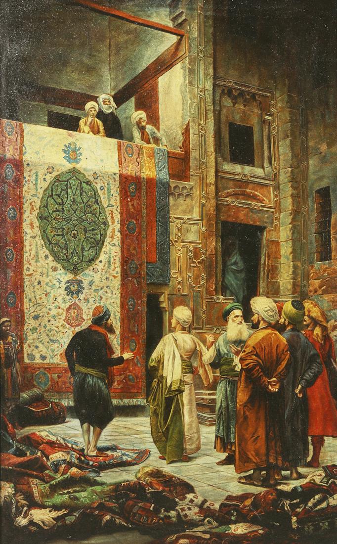 Continental School, Carpet dealers in the street: Continental School (first half 20th century) Carpet dealers in the street oil on canvas 48 x 30in (122 x 76cm); frame 51 3/4 x 33 3/4in (131.5 x 85.5cm)
