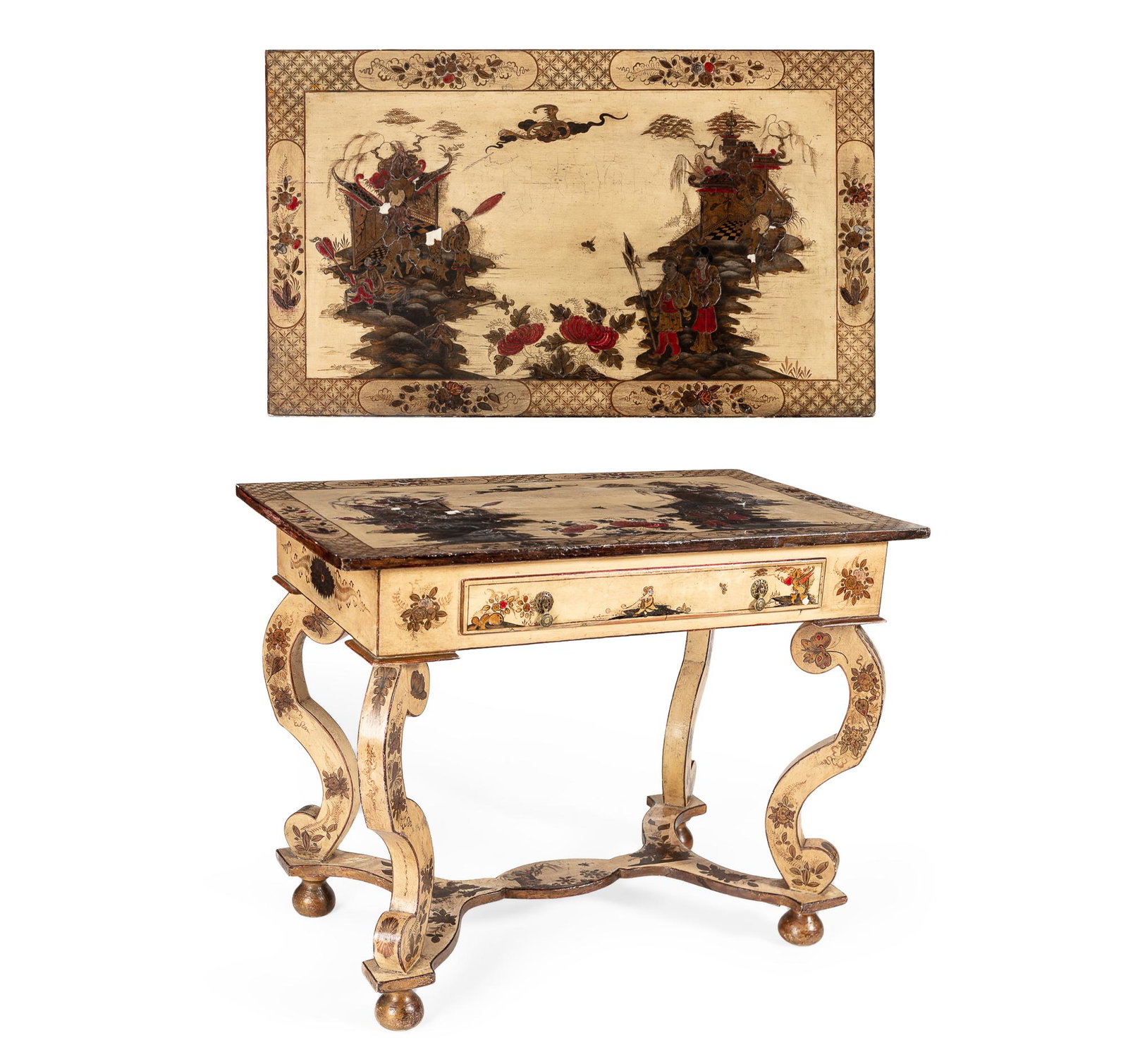 An Italian Baroque style Chinoiserie writing table: An Italian Baroque style Chinoiserie decorated writing table circa 1900 Fitted with a frieze drawer and later removeable glass top. height 30in (76cm); width 39in (99cm); depth 23 3/4in (60.5cm)