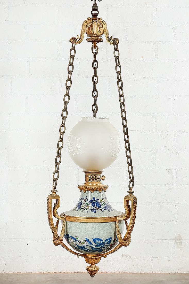 A French bronze and porcelain hanging lantern: A French gilt bronze and crackle glazed porcelain hanging lantern early 20th century Signed P E Guerin. height approximately 40in (101.5cm); diameter 14in (35.5cm)