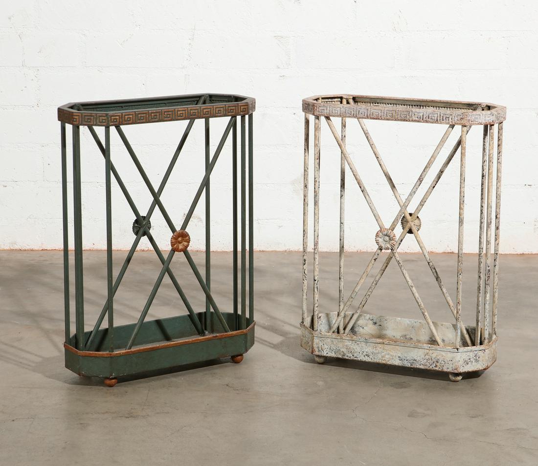 Two Neoclassical style walking stick stands: Two Neoclassical style tole painted walking stick stands height 21in (53.5cm); width 15 1/2in (39.5cm); depth 6 1/2in (16.5cm) Provenance: Property from the Estate of Keith McCoy, Los Angeles, Califor