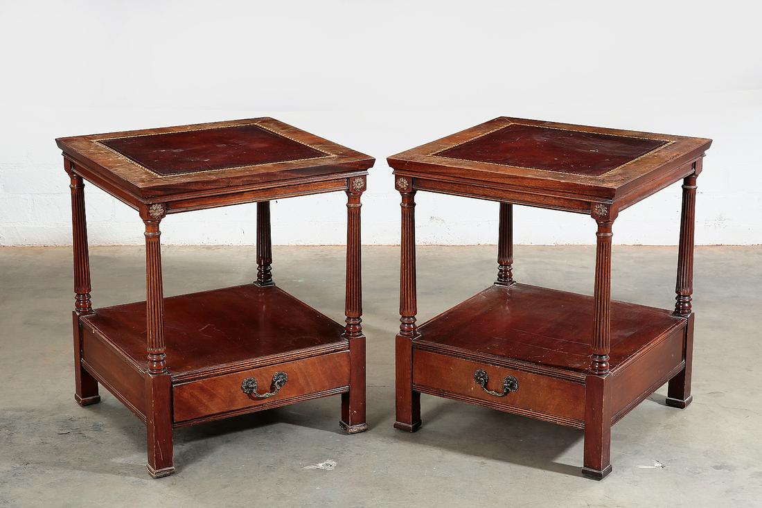 A pair of George III style mahogany side tables: A pair of George III style mahogany side tables post 1950 Each having an inset tooled leather top. height 26 1/4in (66.5cm); width 22 1/4in (56.5cm); depth 22 1/4in (56.5cm)