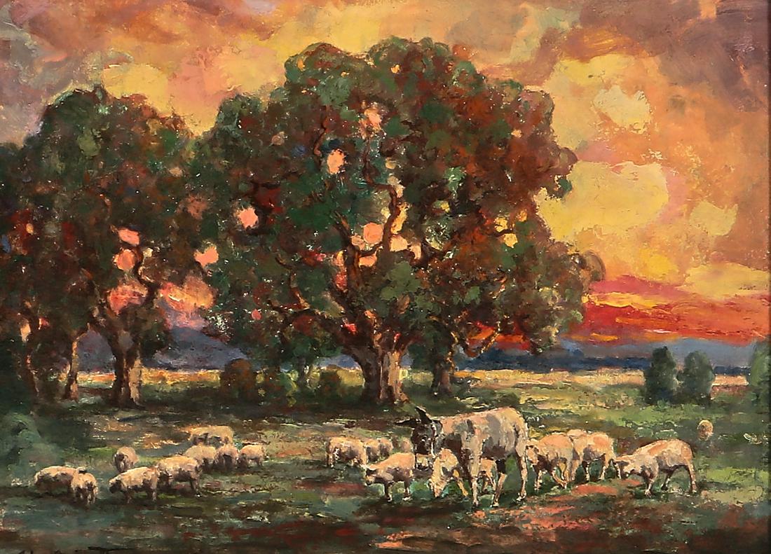 Alice Blair Thomas, The herd at sunset, 1933: Alice Blair Thomas (American, 1857-1945) The herd at sunset, 1933 oil on board signed lower left Alice Blair Thomas and dated 1933 12 x 16in (30.5 x 40.5cm) Provenance: Property from the Colle