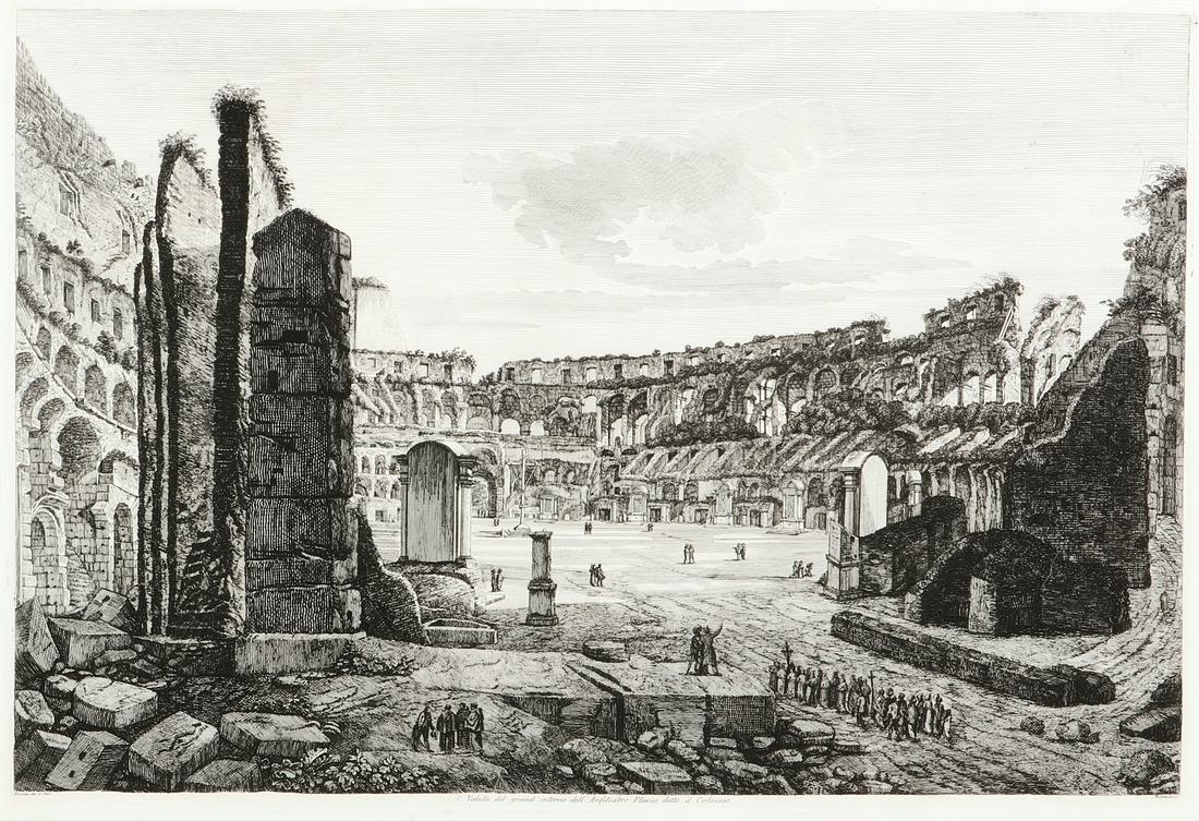 After L Rossini, Grand Anfiteatro Flavio, Rome: After Luigi Rossini. View of the Grand Anfiteatro Flavio in the Coliseum, Rome.An engraving on wove paper after Luigi Rossini,1823. View takes in a wide angle view of the interior of the Coliseum in R