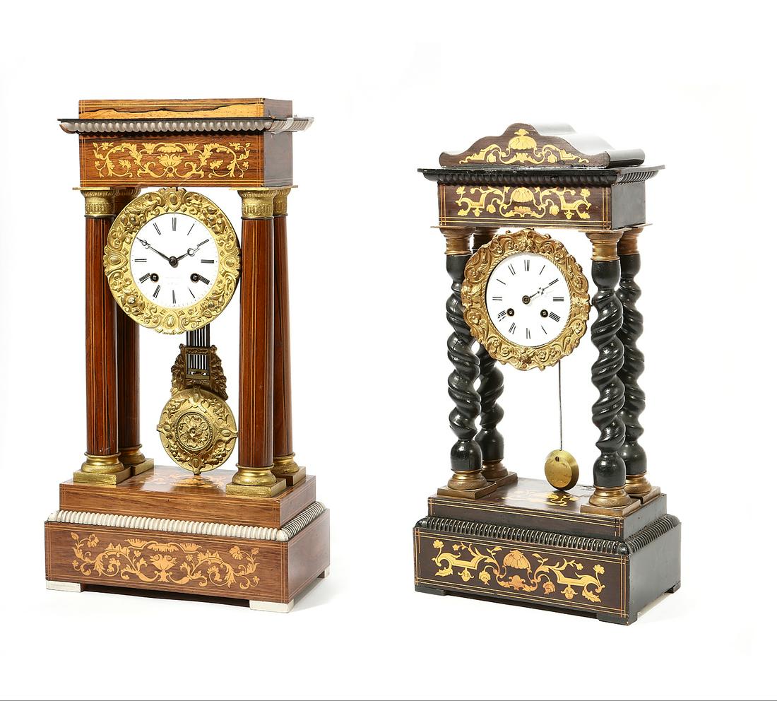 A Charles X gilt portico clock, Gerard Clinge: A Charles X gilt bronze mounted marquetry inlaid hardwood portico clock Gerard Clinge, Liege circa 1815 Together with a similar portico clock. (2) the taller height 20in (51cm) Provenance: Property fr