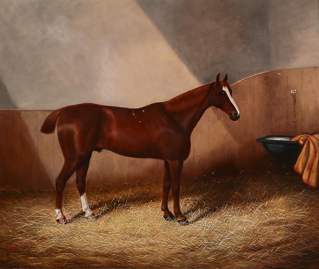 James Clark, A chestnut hunter in a stable: James Clark (British, 1858-1943) A chestnut hunter in a stable oil on canvas signed lower left James Clark Sen r 20 x 24in (51 x 61cm) Provenance: Property from the Estate of June Ebensteiner