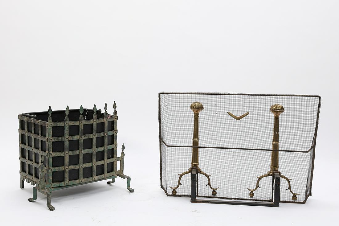 Two metal fireplace accessories: Two metal fireplace accessories Comprising a wrought iron log bin with removable liner, and an integral brass spark screen andiron set. the log bin height 17 1/2in (44.5cm); width 18in (46cm); depth 1