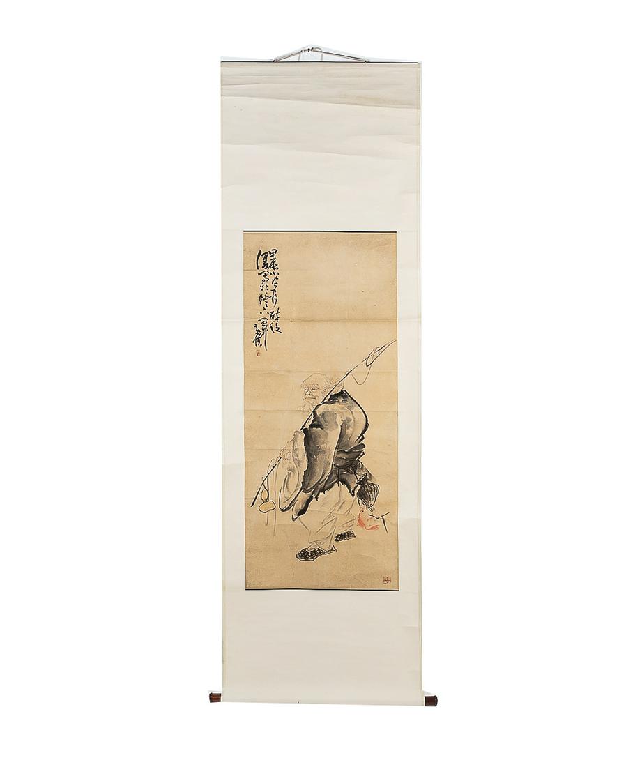 A Chinese scroll depicting an elder fishing: A Chinese watercolor and ink on paper scroll depicting an elder fishingdimensions overall 79 x 24 3/4in (200.5 x 63cm)