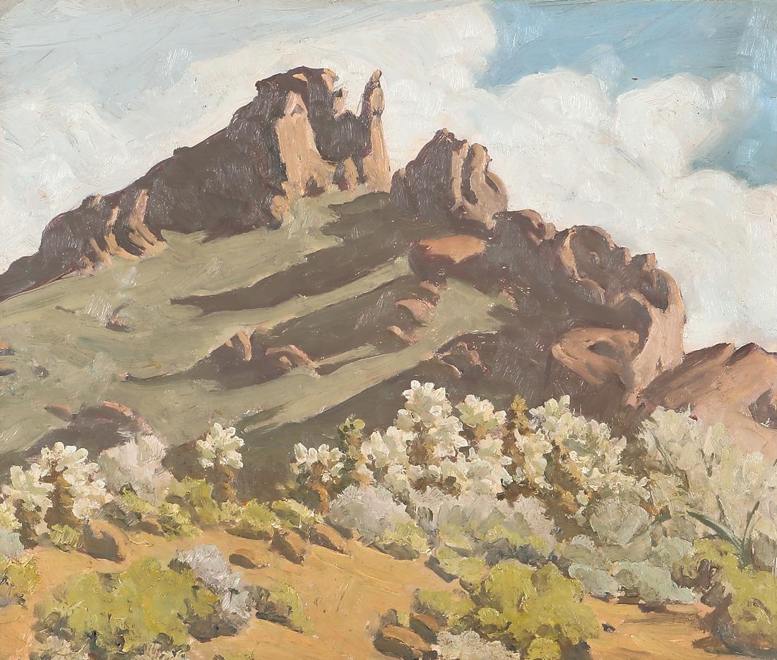 Ralph William Holmes, Desert landscape: Ralph William Holmes(American, 1876-1963)Desert landscapeoil on masonitesigned lower right RALPH HOLMES16 3/4 x 19 3/4in (42.5 x 50cm) Provenance: Property from the Collection of Raymond