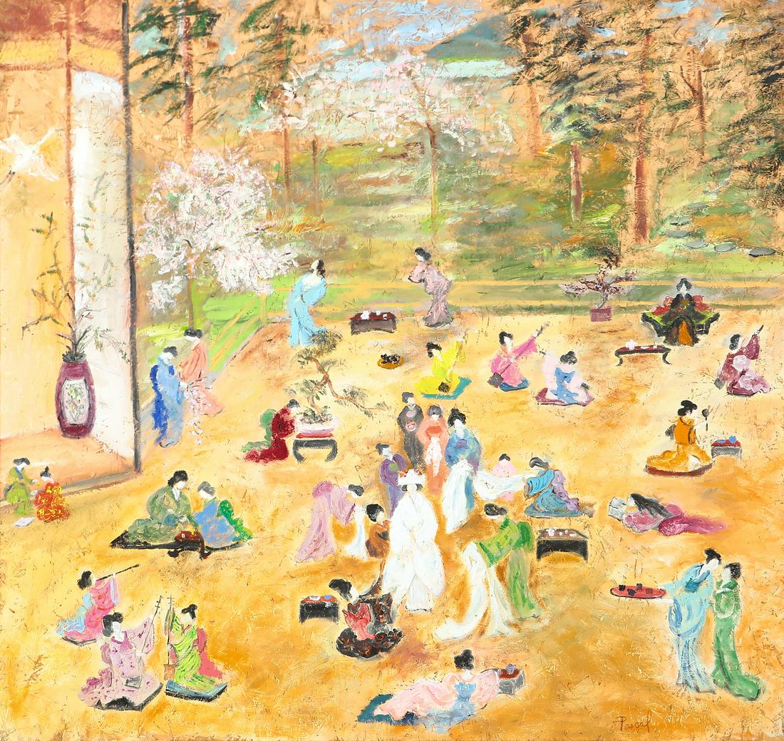 Suzanne Regan Pascal, Chinese wedding celebration: Suzanne Regan Pascal (American, b. 1914) Hommage to Chinese painting depicting a wedding celebration oil on waferboard signed lower right Pascal 45 x 47 1/2in (114.5 x 121cm) Provenance: Prop