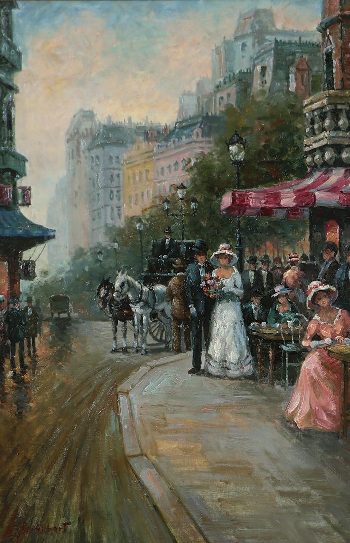 Continental School, Parisian streetscape: Continental School (modern) Parisian streetscape oil on canvas 36 x 24in (91.5 x 61cm); frame 44 1/2 x 32 1/2in (113 x 81.5cm)
