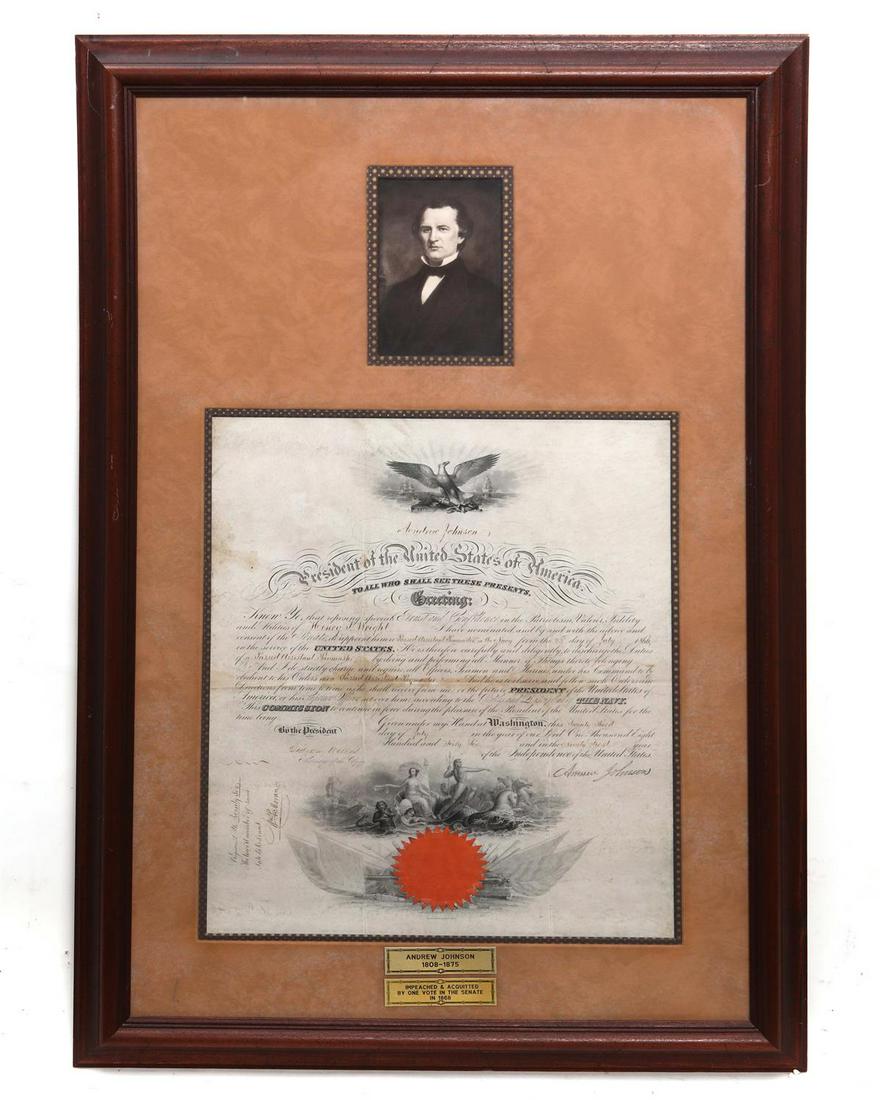 An Andrew Johnson, Engraved Military Commission: A Large Andrew Johnson (17th President 1865-1869) Engraved Presidential Military Commission (Appointment) Document with Stamped Signature, along with the signature of the Gideon Welles, Secretary of t