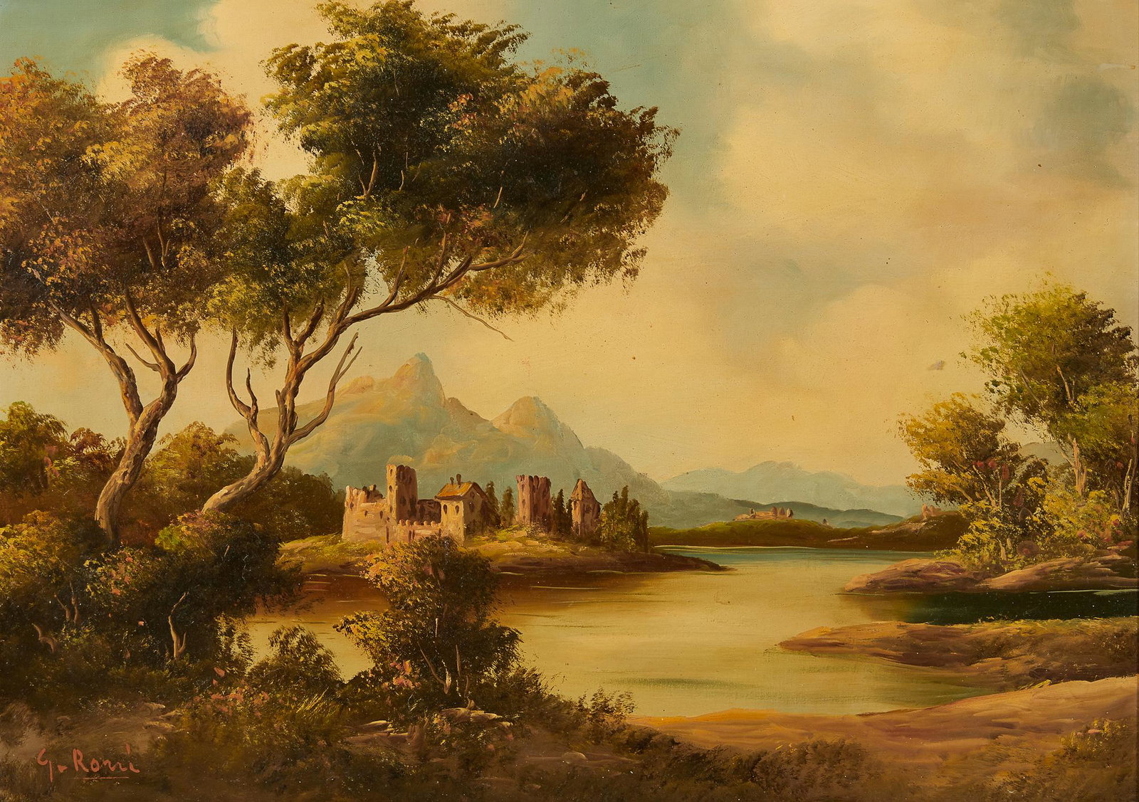 Continental School, Riverscape with village: Continental School (20th century) Riverscape with village oil on canvas signed lower left G. Rossi 20 z 28in (51 x 71cm)