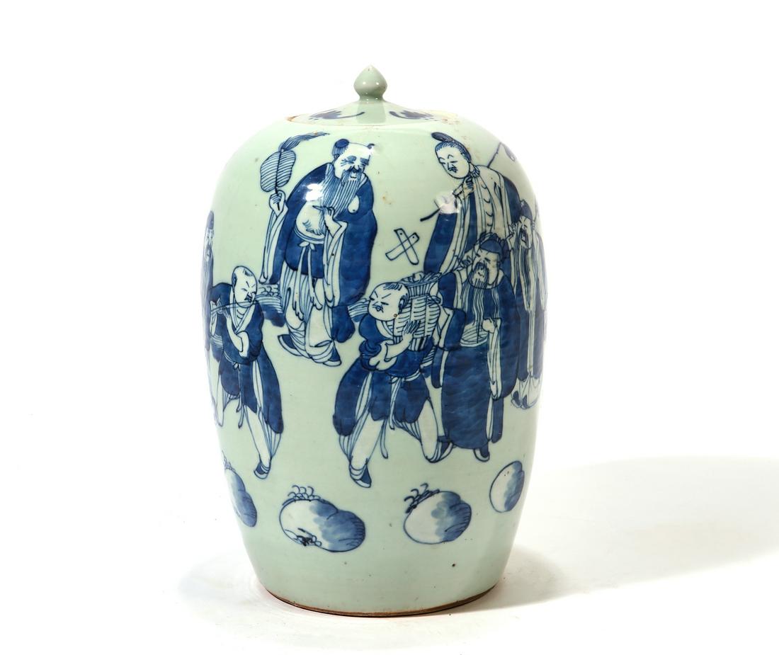 A Chinese porcelain blue and white ginger jar: A Chinese porcelain blue and white covered ginger jarheight 12 1/2in (31.5cm); diameter 7 1/2in (19cm) Provenance:Property from a Private Collection, Montecito, California.