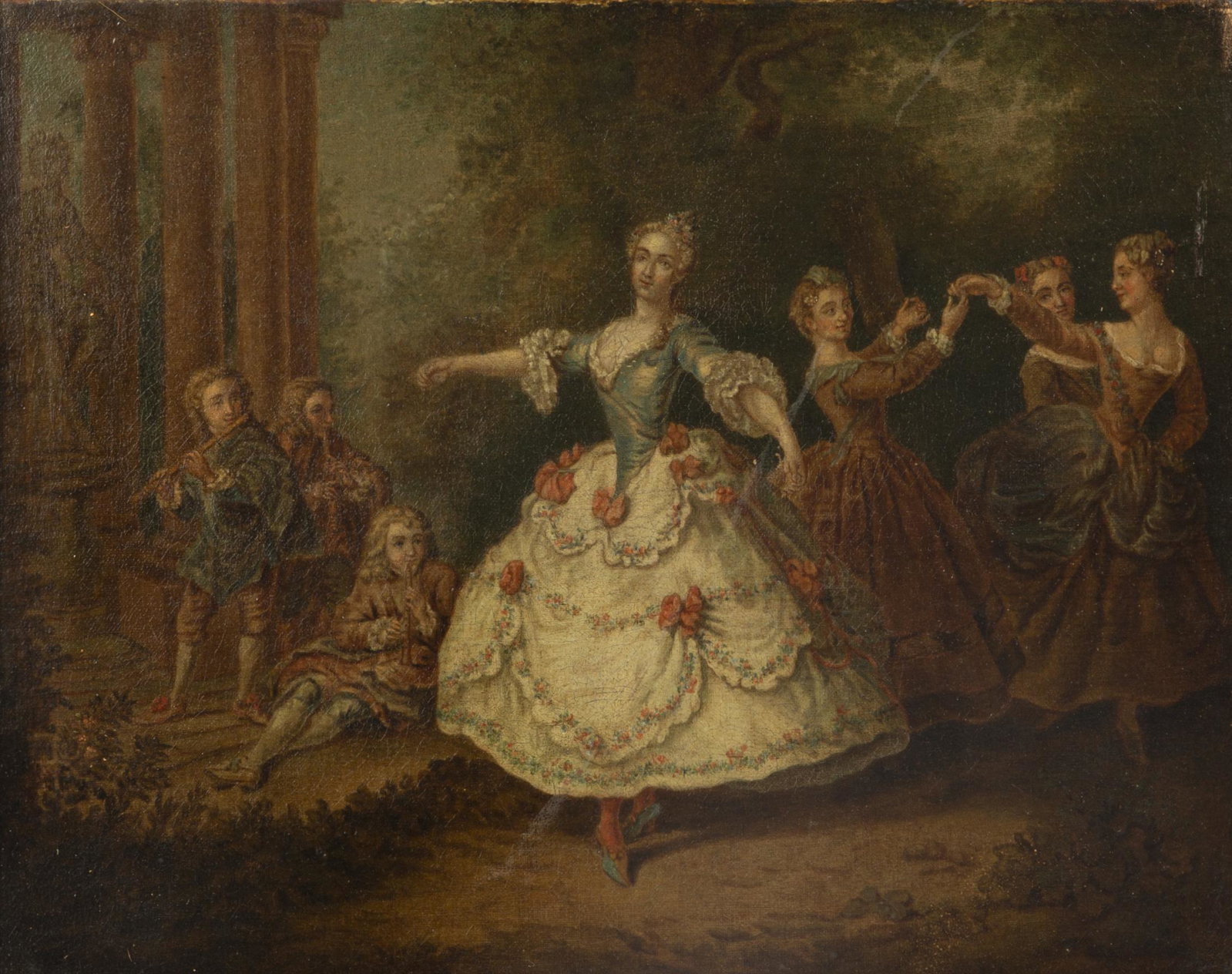 Continental School, peasant celebration: Continental School (19th century) Four ladies dancing and a three piece band playing amongst Classical ruins oil on canvas 13 1/2 x 17in (34.5 x 43.5cm); frame 22 1/2 x 25 3/4in (57 x 65.5cm) Provenan