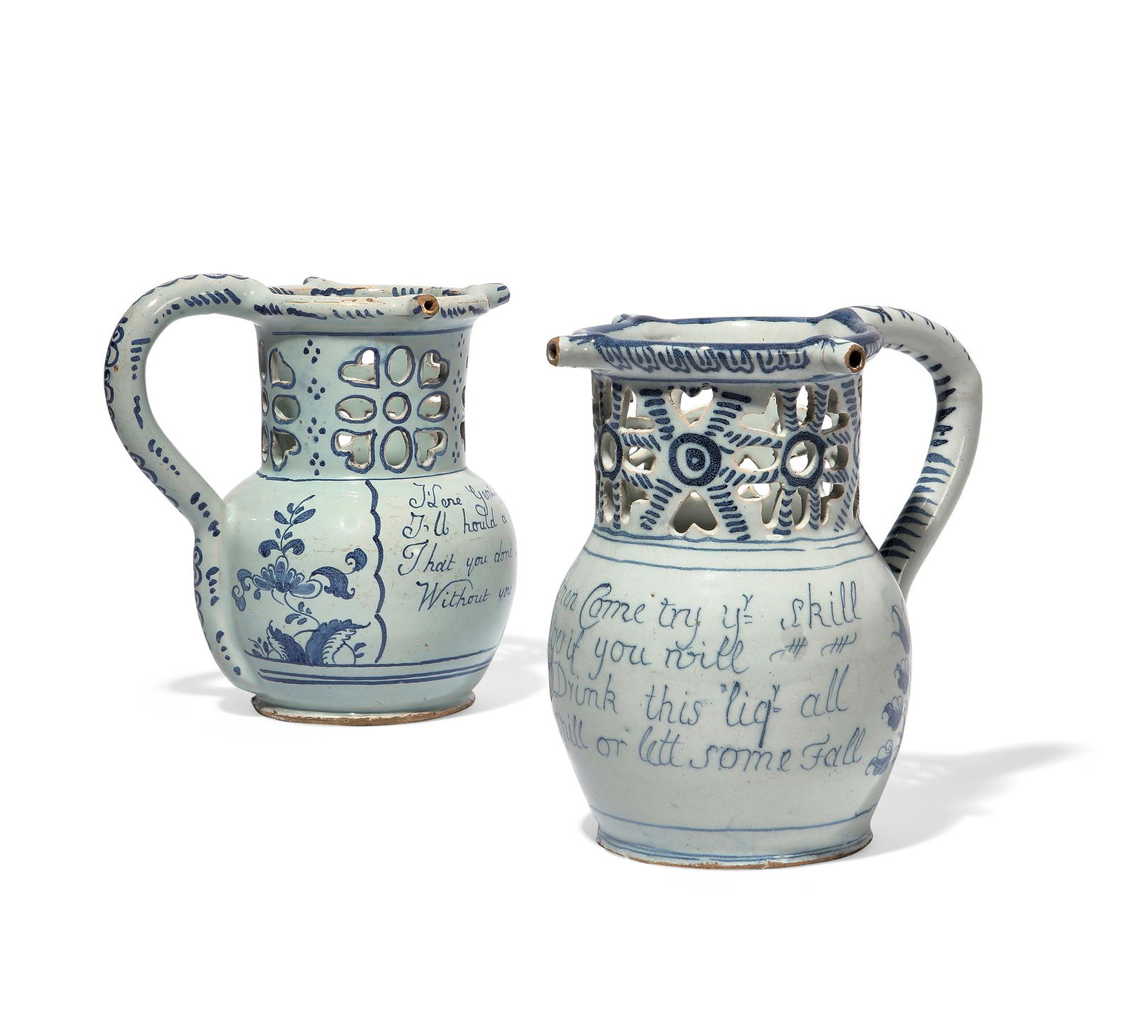 Two English Delftware blue and white puzzle jugs (1 of 2)