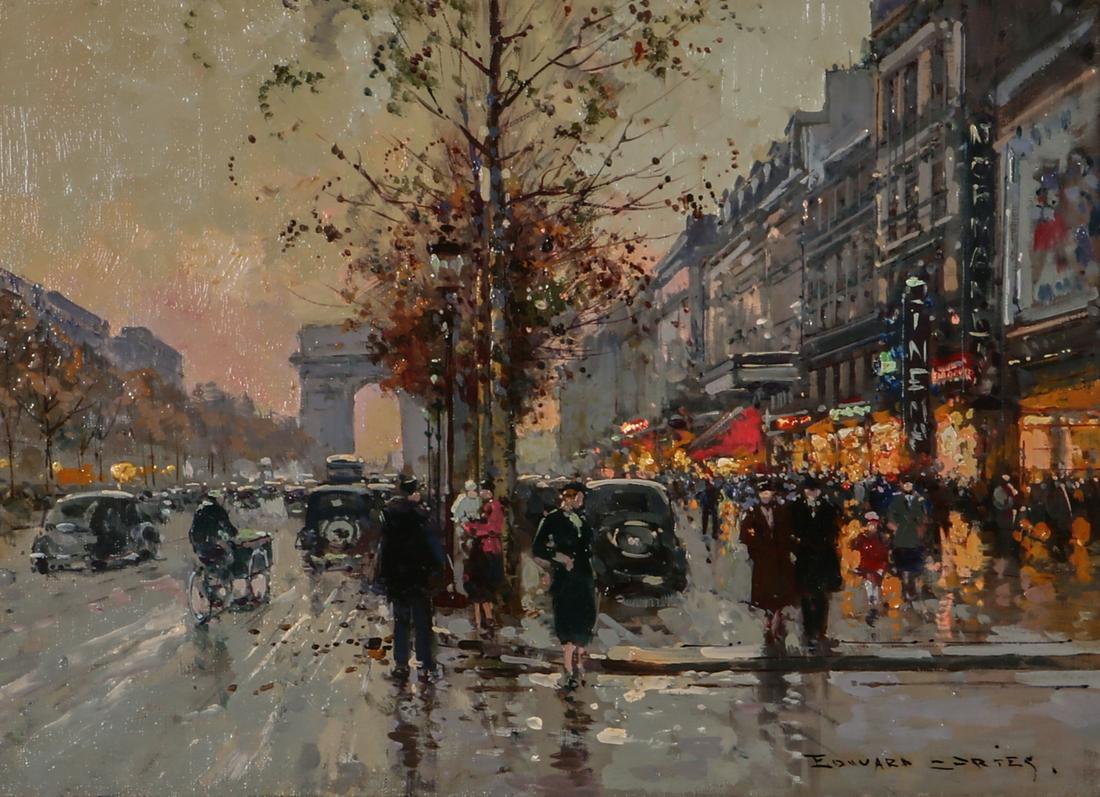 Edouard Leon Cortes, Champs-Elysees: Edouard Leon Cortes(French, 1882-1969)Vers le Cinema des Champs-Elysees, 1951oil on canvassigned lower right EDOUARD CORTES, with stamp of copyright and number 7923 back of canvas and with paper gal