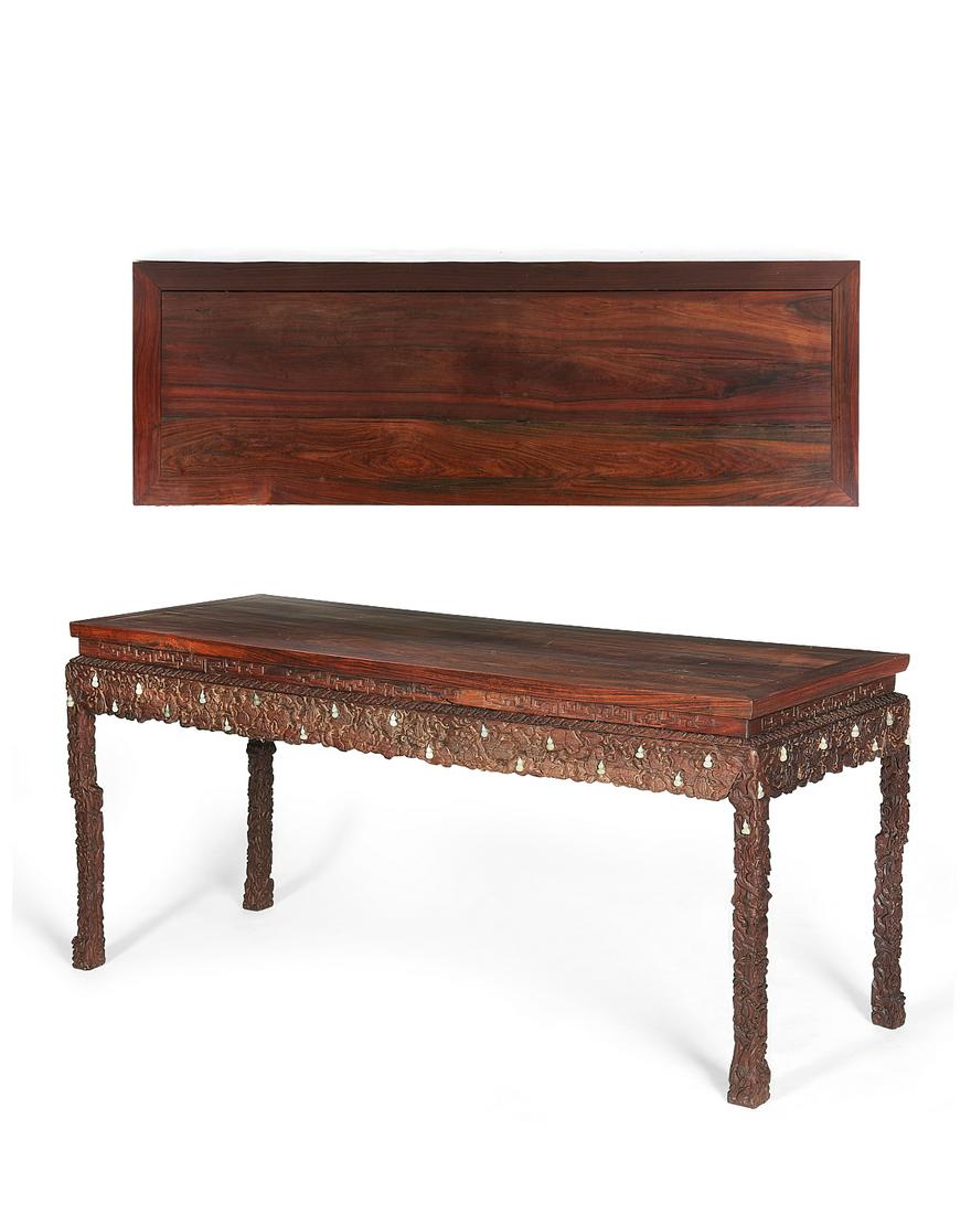A Chinese hardstone mounted hongmu center table: A Chinese hardstone mounted hongmu center tableheight 33 1/2in (85cm); width 71 1/2in (181.5cm); depth 24 1/2in (62cm) Provenance: Property from a historic Beverly Hills residence.