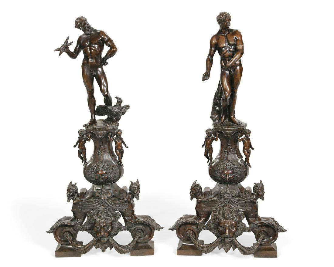 Pair of Renaissance style bronze andirons, Vittoria: A pair of Continental Renaissance style patinated bronze figural andironsin the manner of Alessandro Vittorialate 19th centuryheight 37in (94cm); width 17in (43cm); depth 14in (35.5cm) Provenance: Pro