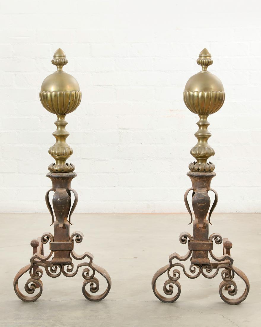 Pair Continental Baroque style andirons, 19th c (1 of 2)